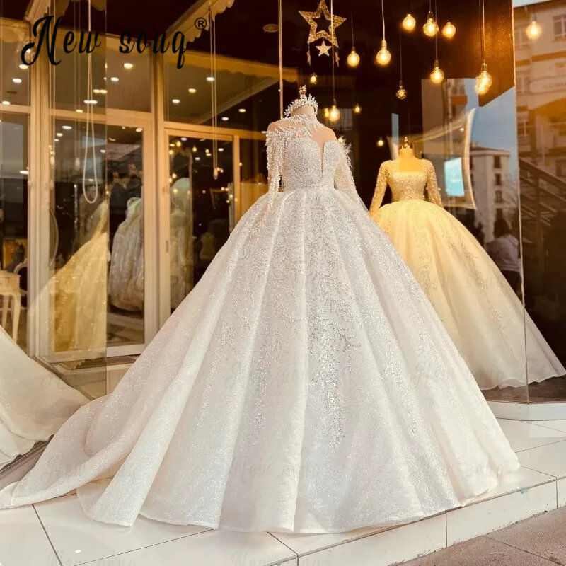 Glitter Full Beaded Sequin Lace Appliqued Wedding Dress Mesh Neck Pearls Long Sleeve Bridal Gowns Vestido De Noiva Plus SIze
