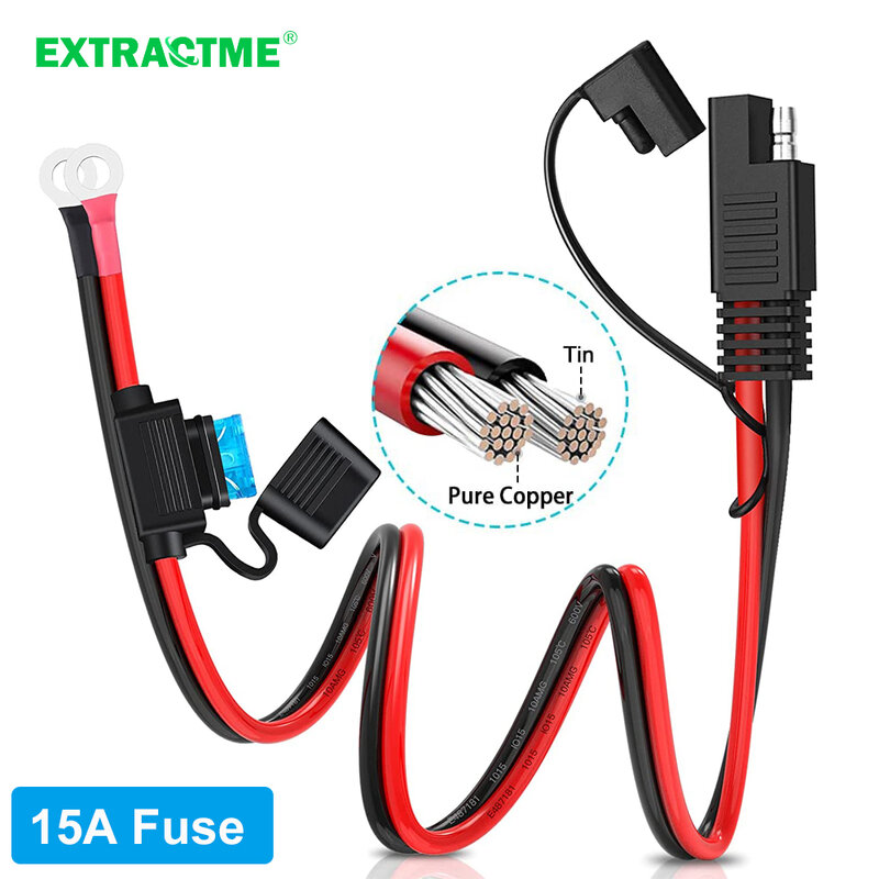 Extractme 10AWG 15A Fuse 2 Pin SAE Quick Release Connector to O-ring Terminal Harness Connector for Battery Charger Cable