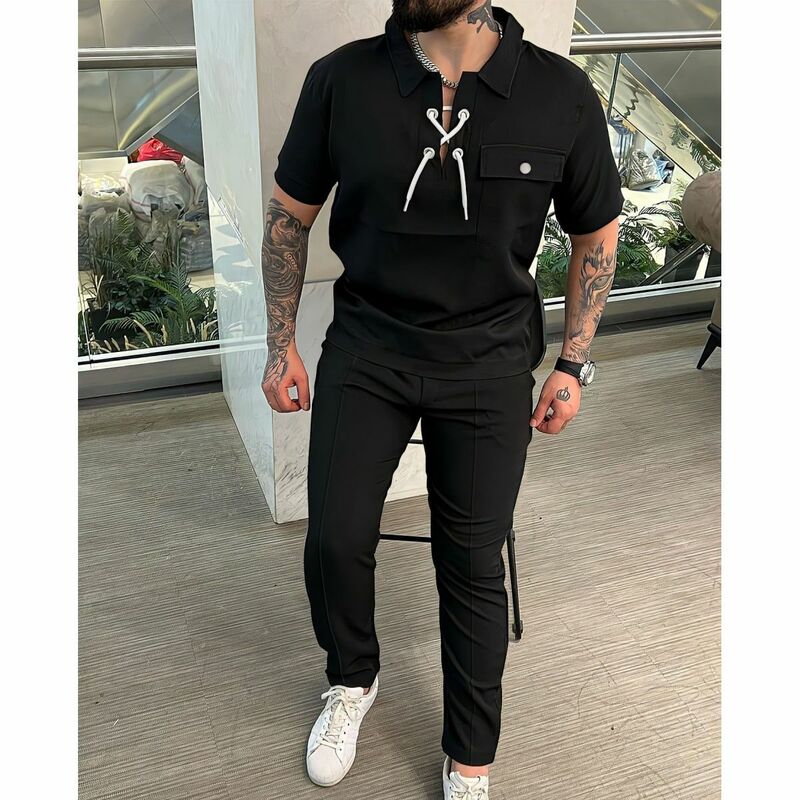 Fashionable Solid Color Men's Set for 2024 Autumn: Casual Short Sleeve T-shirt and Long Pants Hip-hop Personality Suit