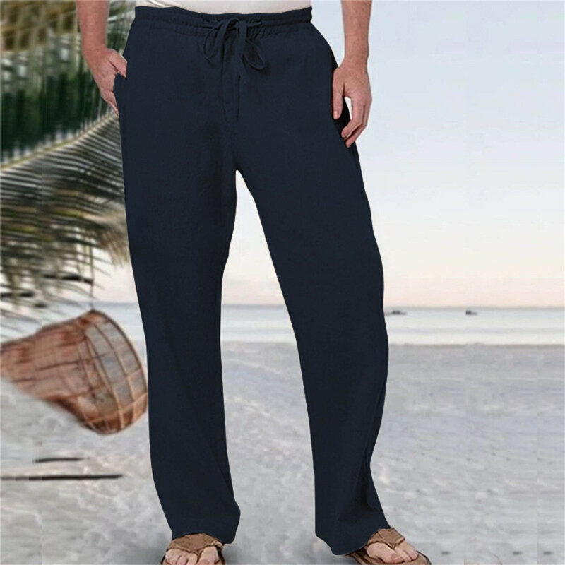 Pantalon Long en Coton et Lin pour Homme, Vêtement Respirant, Couleur Unie, Taille artificiel astique, Style Harajuku, Été