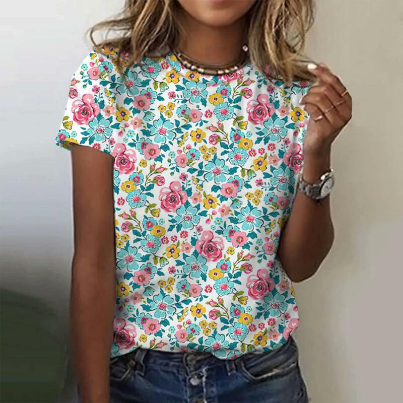Camiseta feminina com estampa floral 3D com decote em O, camiseta feminina, tops femininos, Harajuku, streetwear de manga curta feminina, roupas casuais, verão