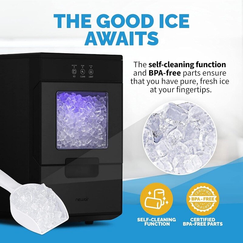 Newair 44 lbs. Nugget Countertop Ice Maker with Self-Cleaning Function, Refillable Water Tank, Perfect for Kitchens, Offices ...