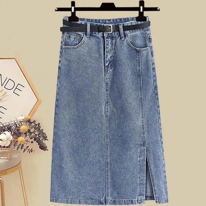 Женский летний комплект из двух предметов, топ с коротким рукавом и Облегающая джинсовая юбка, 2024
