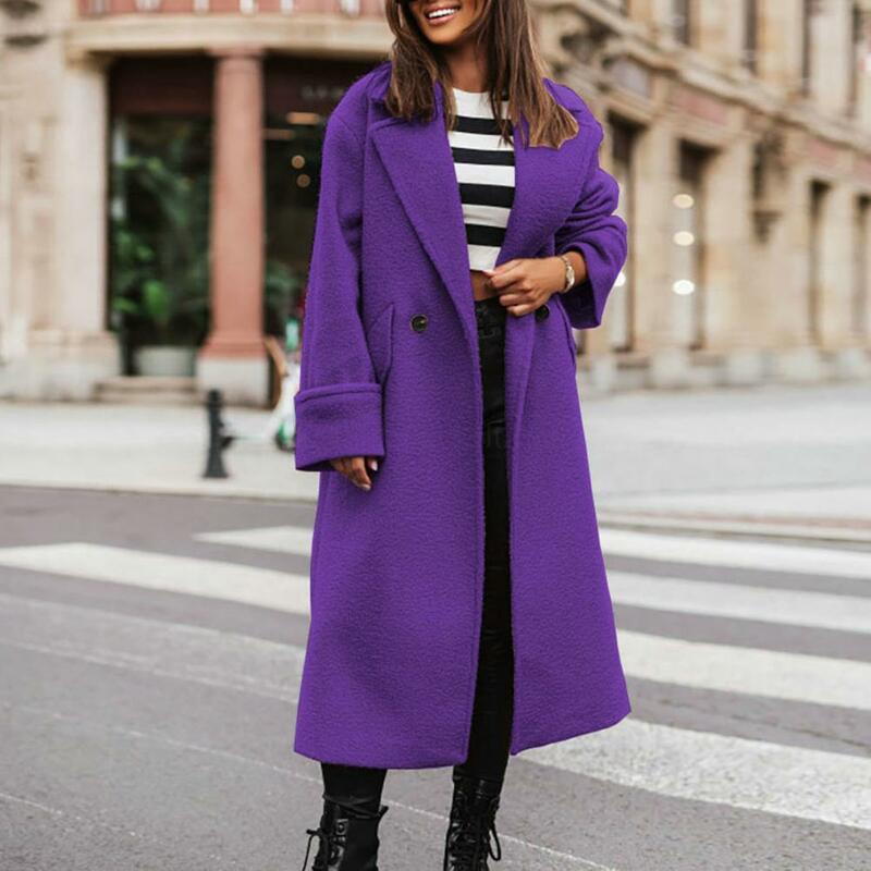 Windproof Coat Lady Winter Outwear Stylish Women's Long Loose Coat Warm Lapel Overcoat with Pockets Double Buttons for Fall