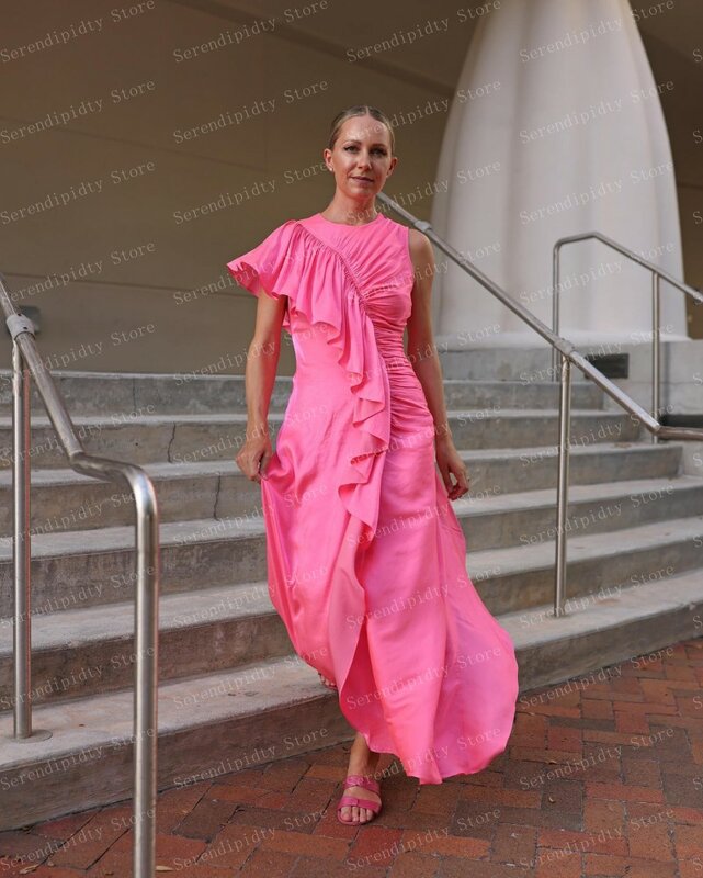 O-넥 민소매 발목 길이 가벼운 핑크 새틴 원피스 프릴 스트레이트 여성 의류, 에버 프리티 가운, 맞춤 제작, 무료 배송