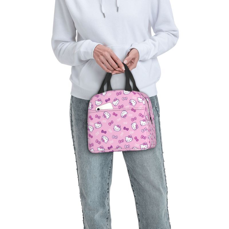 Borsa da pranzo isolata Hello Kitty personalizzata per Picnic all'aperto borsa termica portatile Bento Box contenitore per alimenti Tote Bags