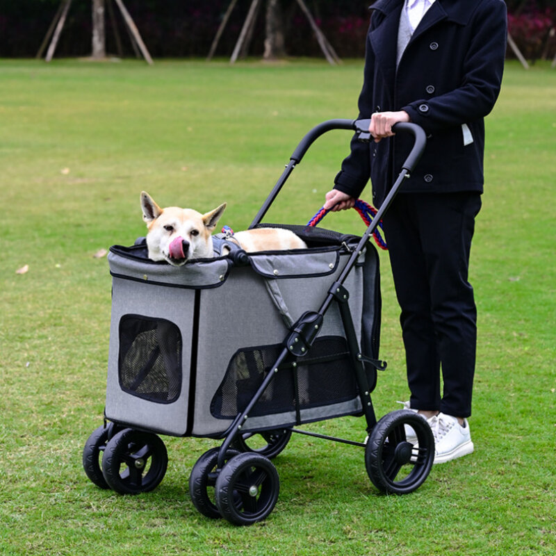 Medium and Large Dog Pet Trolley Portable and Foldable Four-wheel Dog Cart Ventilated and Breathable Dog Carriage Pet Cart