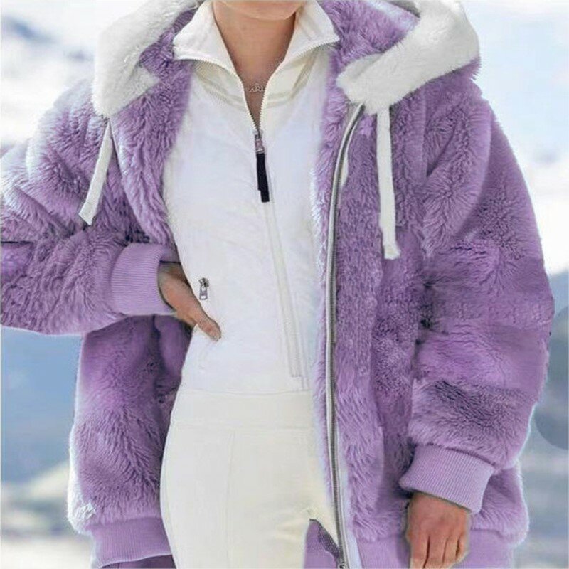 여성용 따뜻한 플러시 재킷, 캐주얼 루즈 후드 코트, 혼합 색상 패치워크, 겨울 아웃웨어, 인조 모피 지퍼, 숙녀 파카 코트