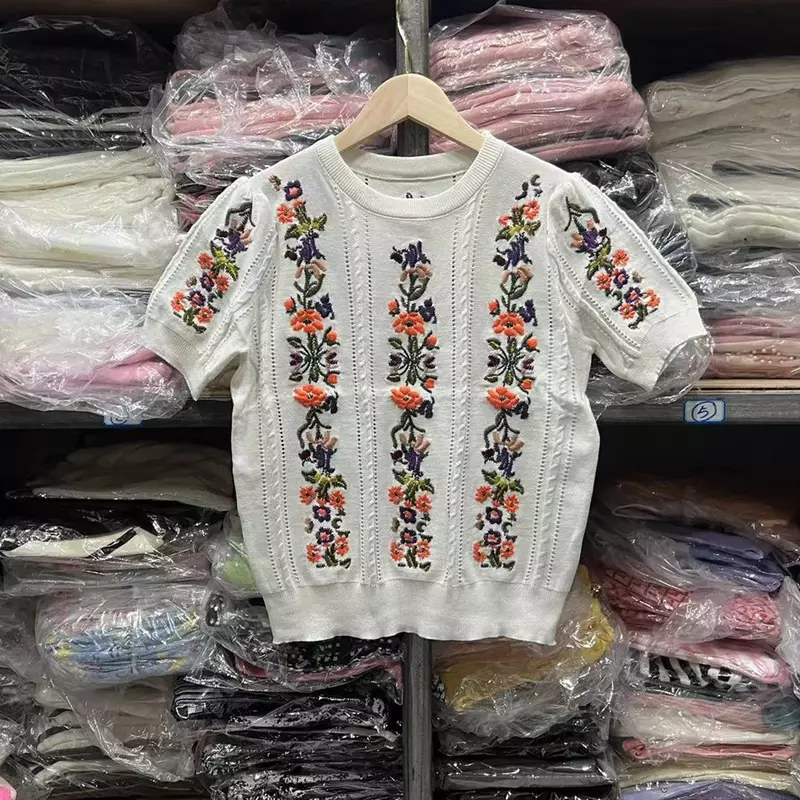 Suéter de punto de manga corta con bordado Floral para mujer, Jersey informal, moda coreana, alta calidad, verano, nuevo