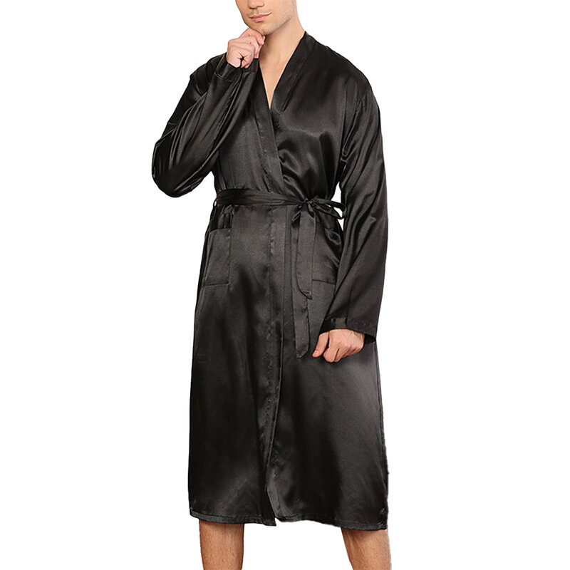 Pijamas de seda de emulación larga para hombre, Kimono, albornoz, bata, ropa de dormir de Color sólido, cómoda y suave