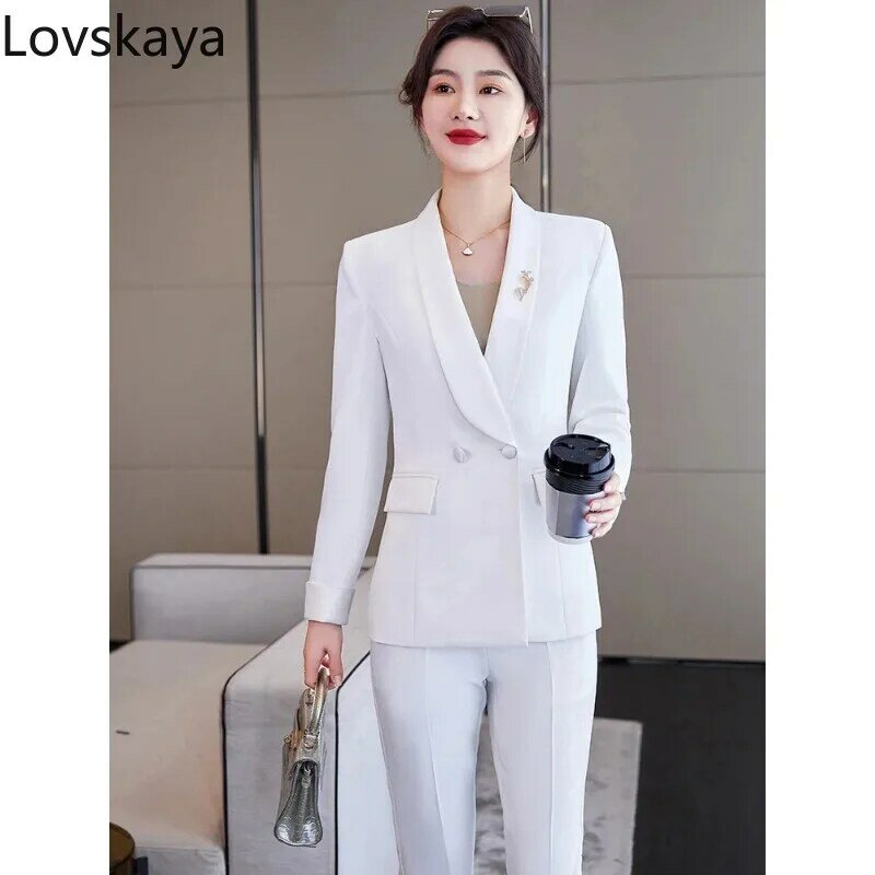 Fashion  2 Piece Set Blazer For Office Ladies Winter Work Wear Women Pink White Black Formal Pant Suit Jacket and Trouser