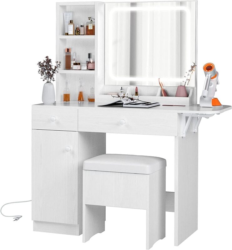IRONCK LED 조명 거울 및 전원 콘센트가 있는 화장대 책상, 서랍 및 캐비닛이 있는 메이크업 테이블, 보관 의자