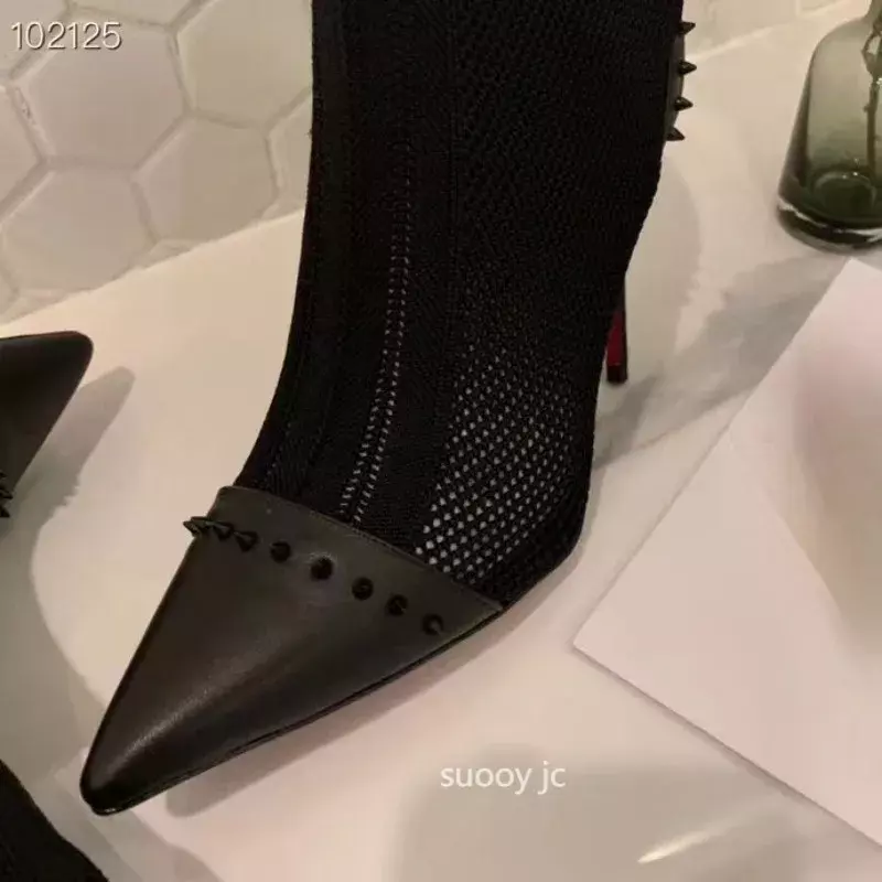 Botas de punto de lujo para mujer, zapatos de suela roja, botas negras elásticas, sexy, primavera y otoño
