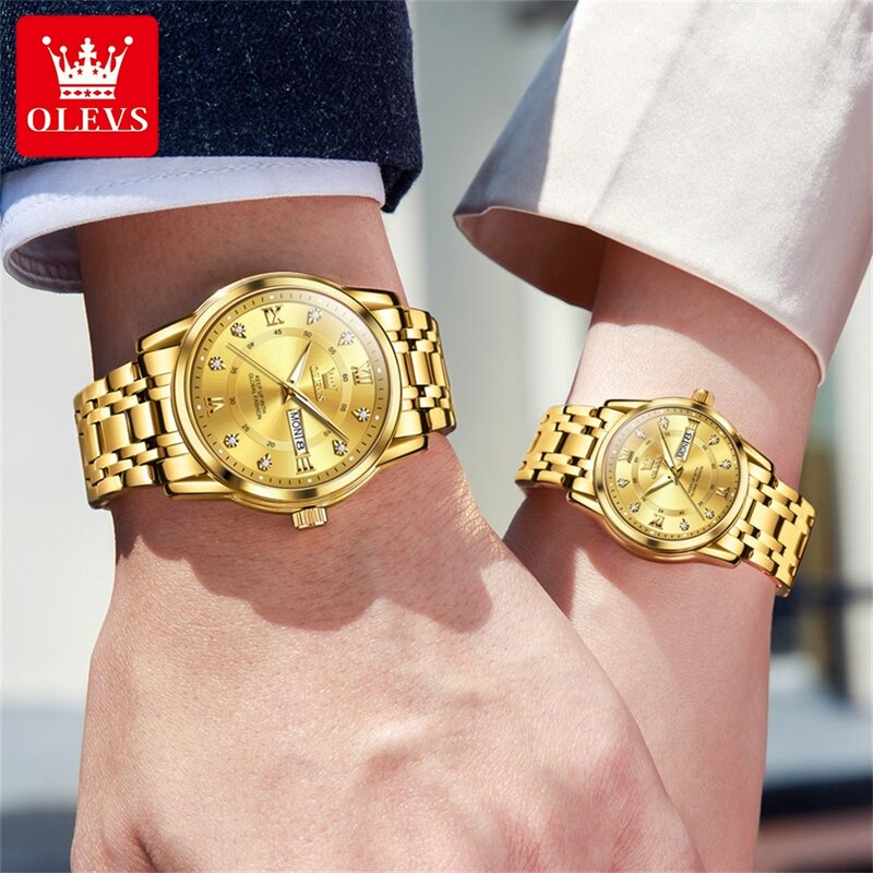 OLEVS jam tangan pasangan, jam tangan pasangan mewah baja nirkarat kalender tahan air kuarsa pria wanita modis jam tangan pasangan Set kotak hadiah