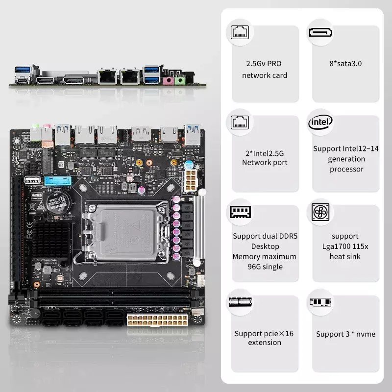 Placa base Q670 Intel vPro 8-Bay NAS, 12/13/14th Gen LGA1700 CPU 3x NVMe 8x SATA3.0 1x PCIEx16 2x DDR5 2x2,5G LAN