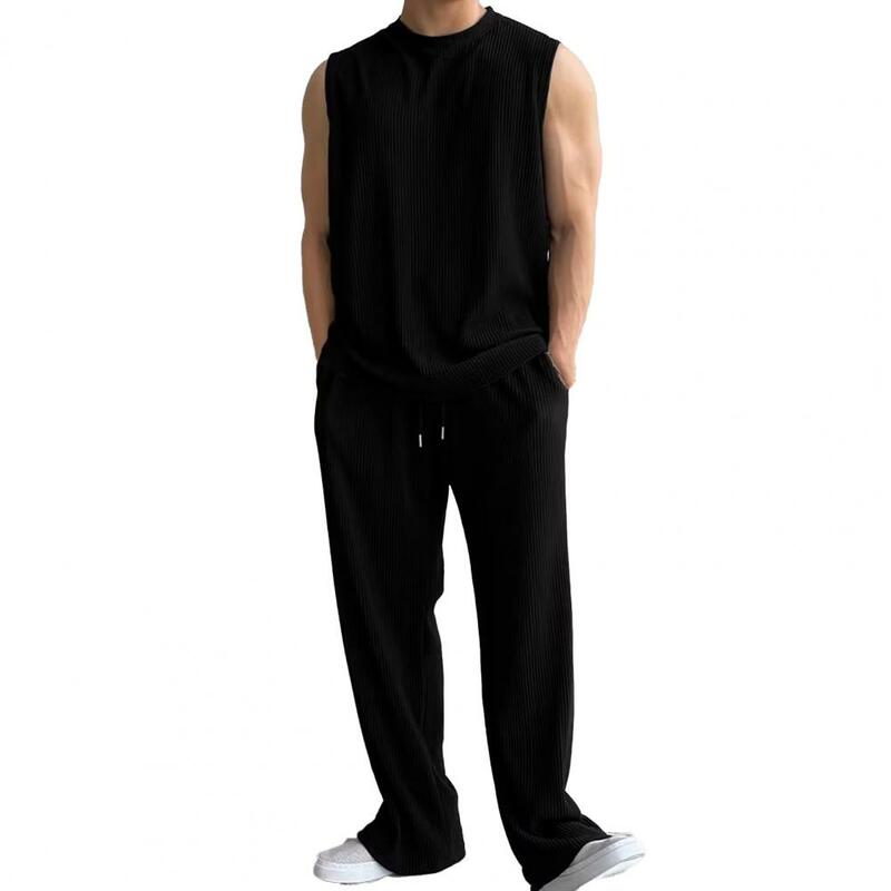 Solid Color Casual Outfit Men's Summer Casual Tank Top Wide Leg Pants Set with Drawstring Waist Sleeveless O-neck Vest for Men