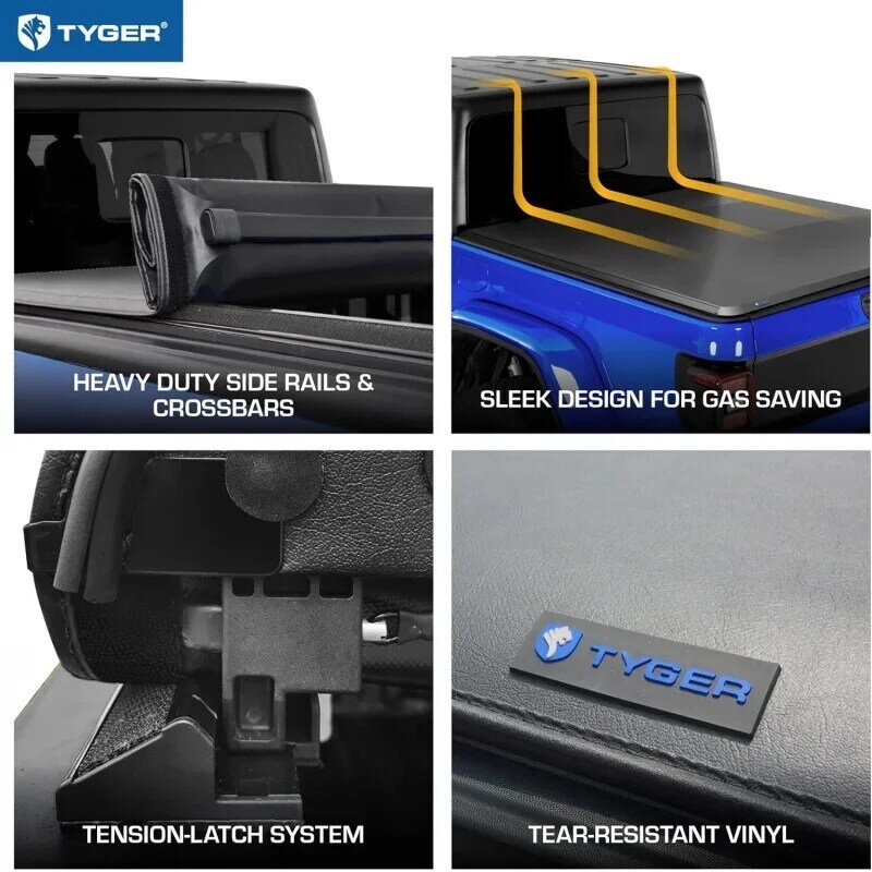 Tyger自動ロールアップトラックベッド、tonneauカバー、グラディエーターjt、5 '60 "ベッド、TG-BC1J9060、2020と互換性があります-2021