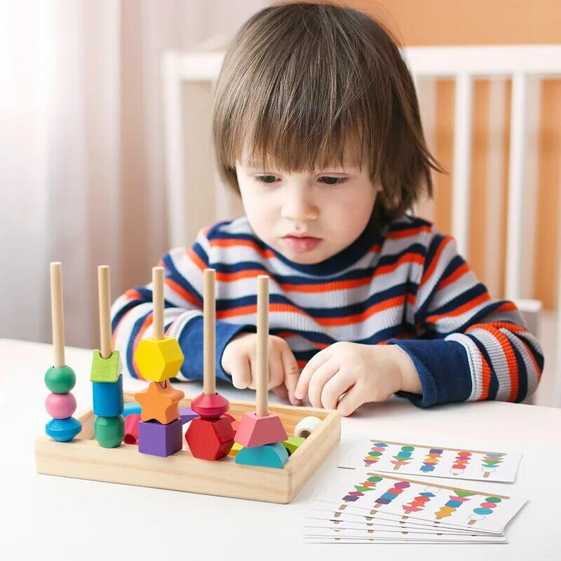 Montessori Wooden Beads Sequencing Toy Set, Five Columns Stacking Colorful Blocks,Lacing Beads, Matching Shape Stacker