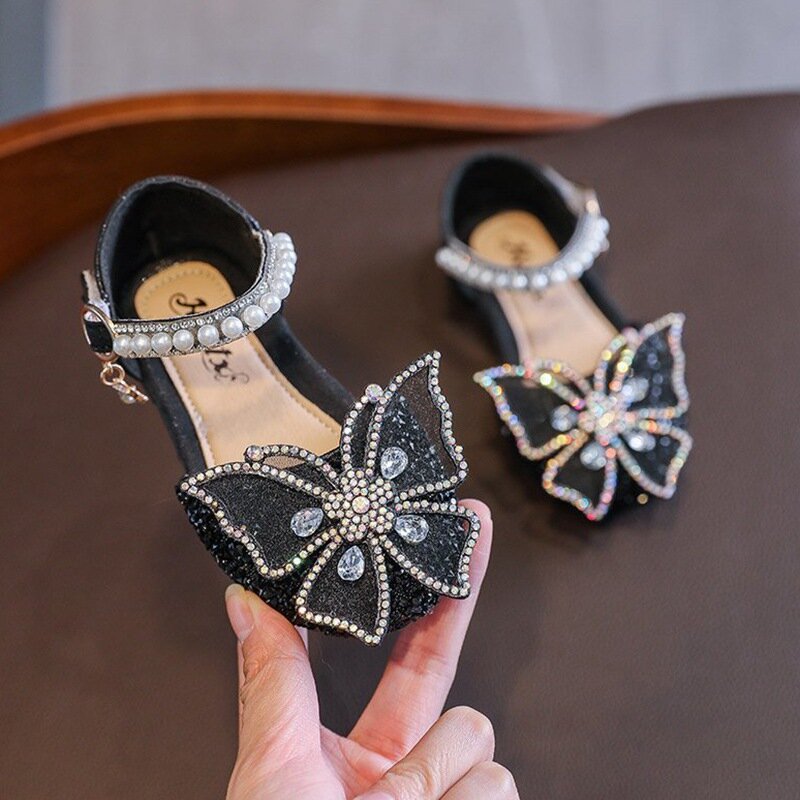 Zapatos de princesa para niñas, Sandalias de tacón bajo con lazo y lentejuelas, a la moda, para fiesta de baile, 21-35