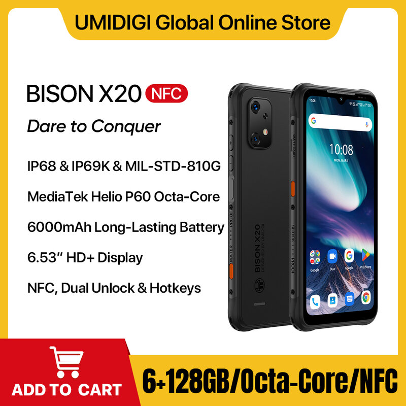 UMIDIGI-BISON X20 Smartphone Robusto, 6000mAh Bateria, NFC, MTK, Helio P60 Octa-Core, 6GB, 128GB, 6,53 "HD, Android 13 Celular