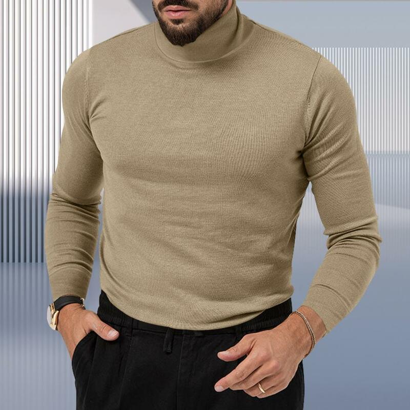 Men Fall Winter Top High Collar Neck Protection Thickened Knitted Men Top Elastic Mid Length Pullover Slim Fit Bottoming Top