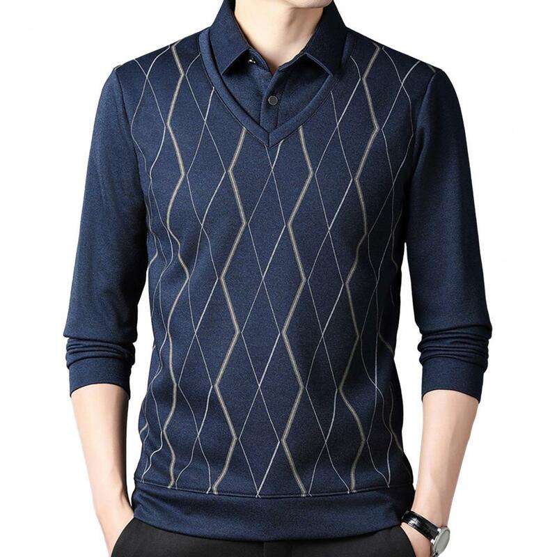 Office Wear Sweater Men's Print Fake Two-piece Sweater Warm Knitted Pullover for Fall Winter