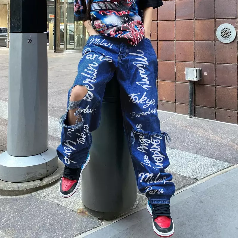 Jeansy damskie Y2K retro w modnej marce gorącym stylu poszarpane z nadrukiem hip-hop street dżinsy darmowa wysyłka