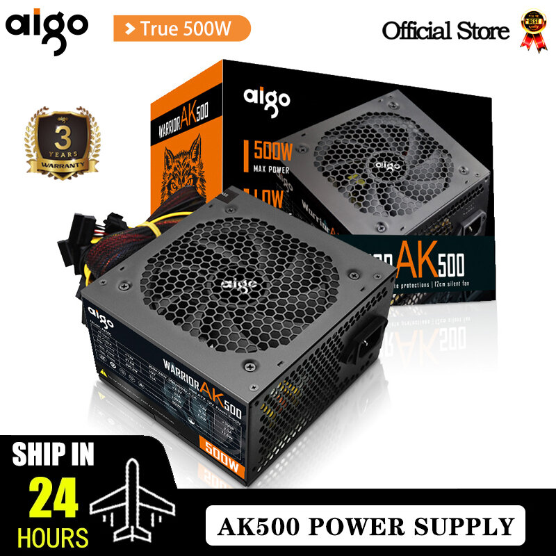 Zasilacz sieciowy Aigo AK 500W PC Black Gaming Quiet 120mm Wentylator RGB 24pin 12V ATX Zasilacz do komputera stacjonarnego BTC