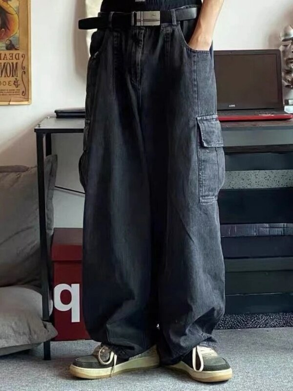 Джинсы-карго HOUZHOU женские, мешковатые брюки из денима, большие размеры, черные широкие штаны, Корейская уличная одежда в стиле хип-хоп, Харадзюку