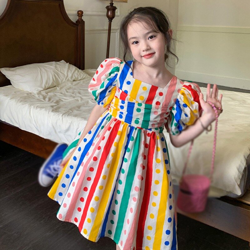 Summer Girls Colorful Dot Print Waist Puffy Dress Skin-friendly Square Neck Knee Length Dress Clothing 3-8 T