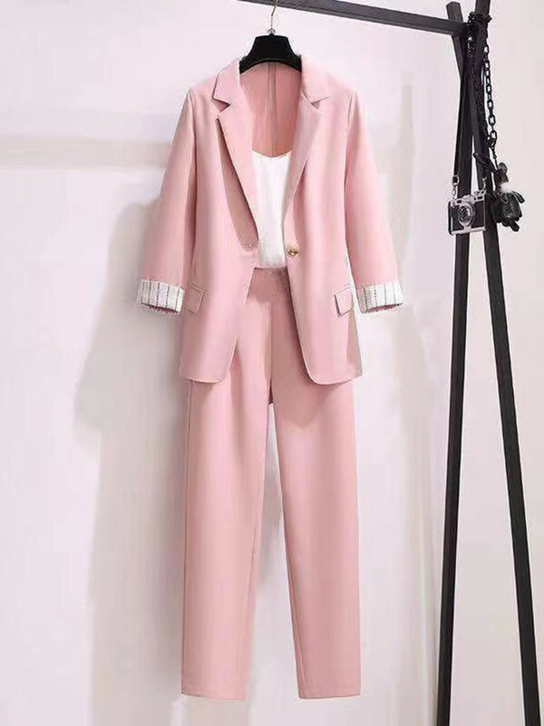 2023 frühjahr neue plus größe Koreanischen eleganten frauen anzug weibliche blazer freizeit hosen Tweed anzug jacke drei stück jacke hosen set