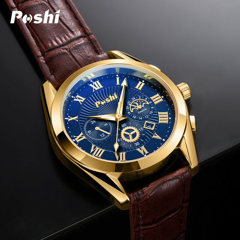 POSHI New Watch Fashion Men's Watches Simple Elegant Quartz Wristwatch Calendar Display Leather Strap Original Clock for Man