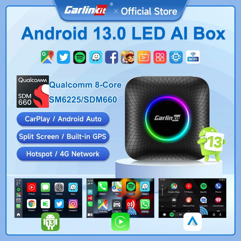 CarlinKit CarPlay Ai TV Box Android 13 SDM660 SM6225 8 núcleos sem fio CarPlay Android Auto 4G LTE Smart Car Play Streaming Box Atualização FOTA para Netflix IPTV Google Play Store