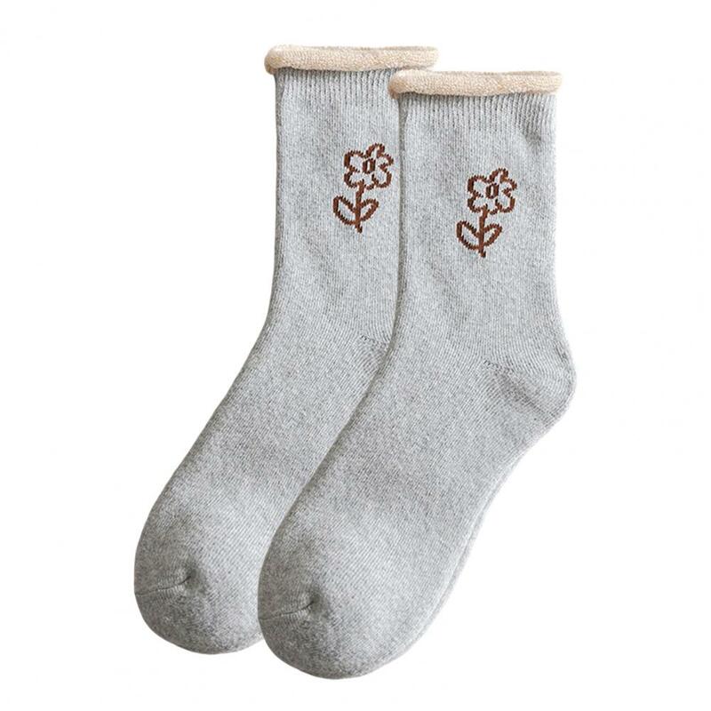 1 paar Mid-Rohr Gerippte Bündchen Hohe Elastizität Frauen Socken Winter Floral Print Verdickt Fleece Futter Thermische Socken Täglichen tragen