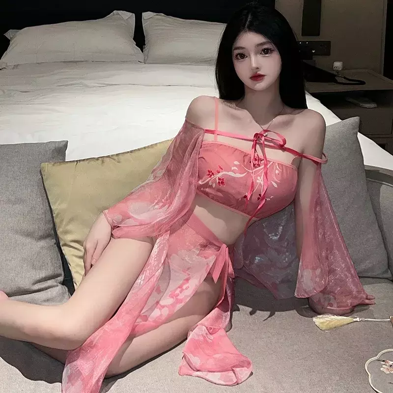 Lingerie Cosplay Hanfu para Mulheres, Noiva Antiga Chinesa, Sissy Bowknot, Perspectiva Erótica, Pijamas Sexy, Vermelho, Conjunto de Casamento