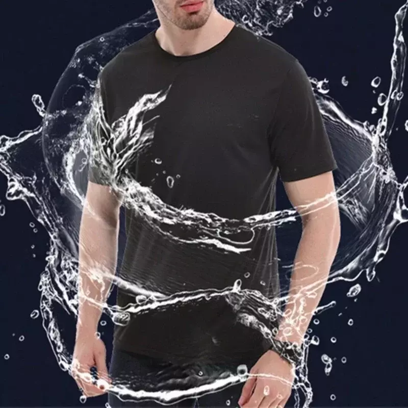 B1882  Creative Hydrophobic Anti-Dirty Waterproof Solid Color Men T Shirt Soft Short Sleeve Quick Dry Top Breathable Wear