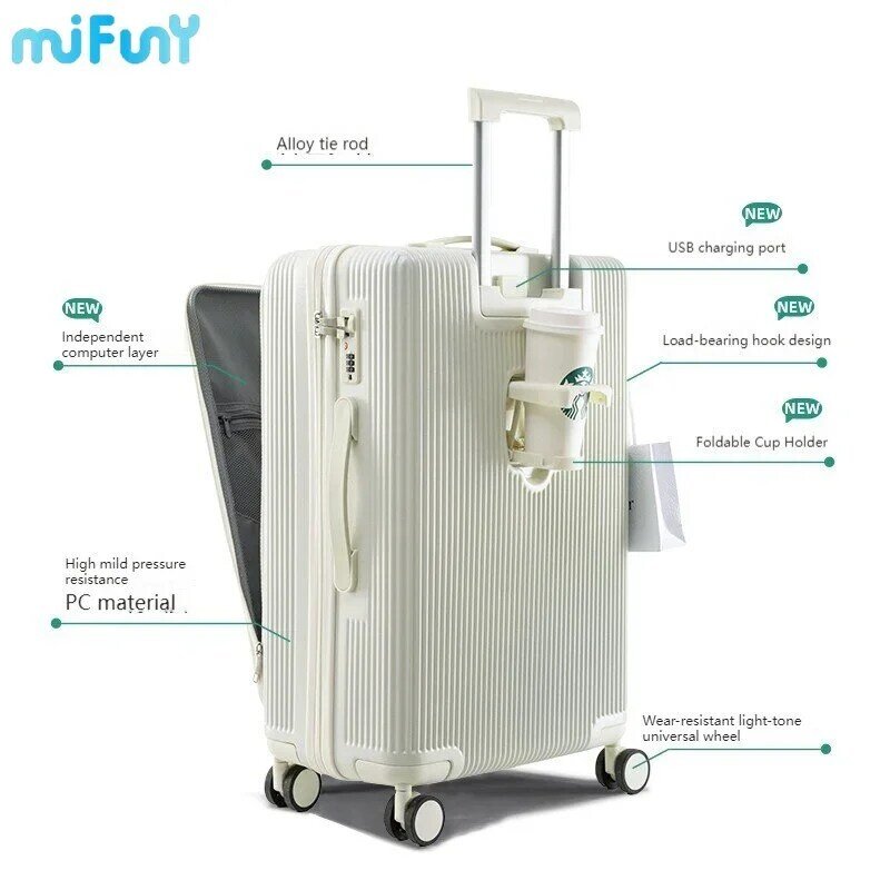 Mifuny-Compartimento de bagagem com interface USB, estojo de abertura frontal, estojo de viagem com porta-copos, senha modelo, moda, 2023