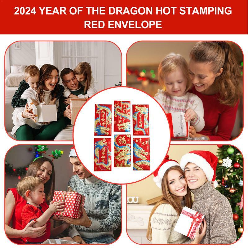 Envelope vermelho do ano novo chinês, símbolo do dragão, bolso da sorte, presente infantil, suprimentos, 2024, 6pcs