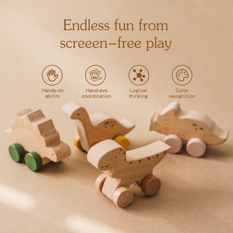 Mainan mobil kartun dinosaurus kayu, mainan pendidikan Montessori mobil kayu untuk anak-anak tumbuh gigi