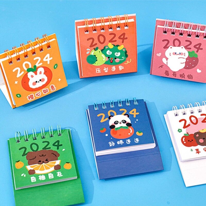 Mini 2024 Cute Cartoon Standing Flip Desktop Calendar, pequeña planificación diaria