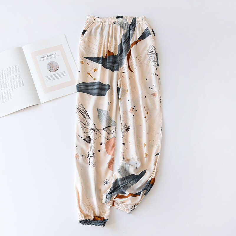 Mùa Hè Viscose Rayon In Nữ Pijama Đáy Lưng Thun Cổ Chân-Chiều Dài Quần Ngủ Nữ Phòng Chờ Mặc Đóng Quần