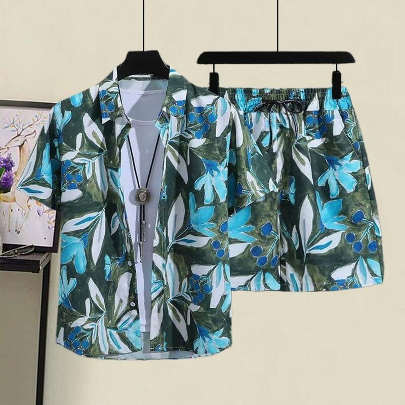 Рубашка с коротким рукавом, комплект одежды в гавайском стиле, рубашка с узором, эластичные шорты на шнуровке, пляжная одежда для мужчин, 2 шт./комплект, тропический