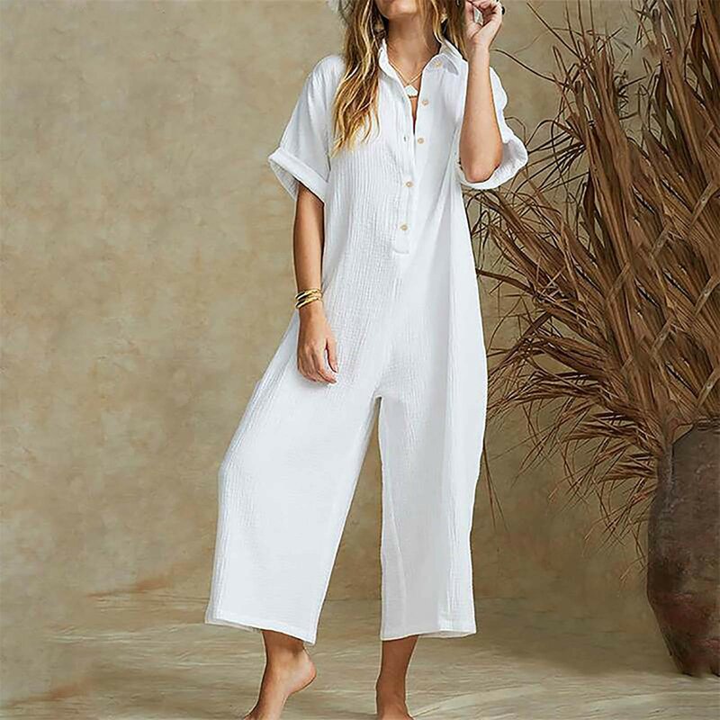 Ladies Summer Turndown Collar Short Sleeve Button Down Pockets Jumpsuits Solid Color Loose Casual Long Rompers For Female