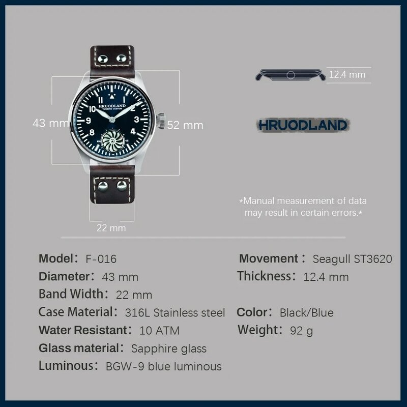 Hruodland 2024New F016 Pilot Watch Seagull Movement Mechanical BGW-9 Luminous Sapphire Crystal Men Leather Retro reloj hombr