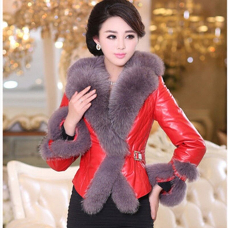 Winter New Women Imitation Fox Fur Collar Short Leather Coat Fashion Slim-Fitting Patchwork PU Leather Jacket Thickened Outwear