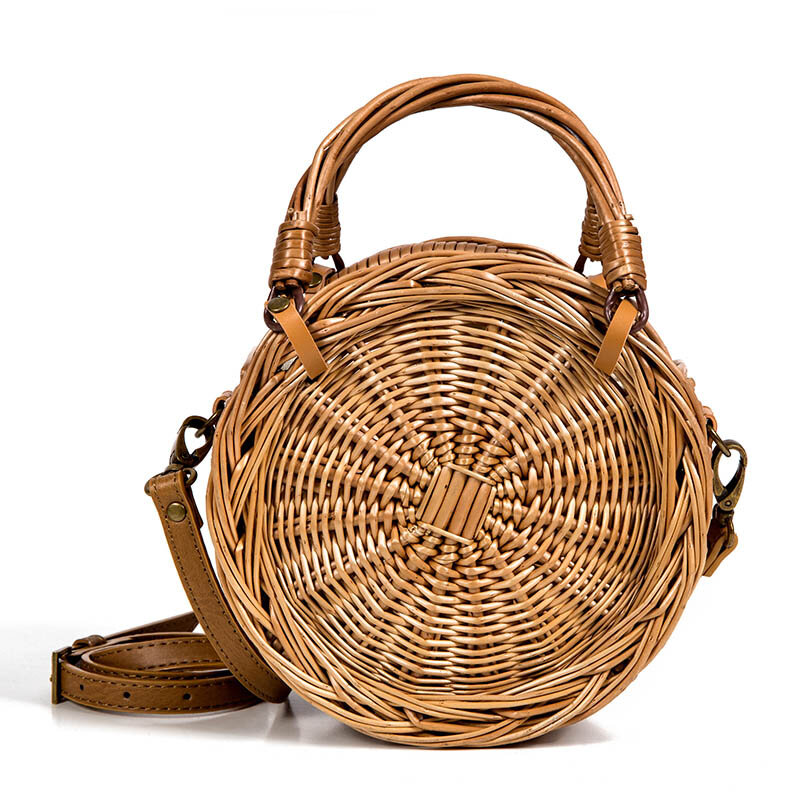 Borsa da donna rotonda in vimini borsa da spiaggia fatta a mano in paglia borsa a tracolla femminile borsa a tracolla in Rattan intrecciato