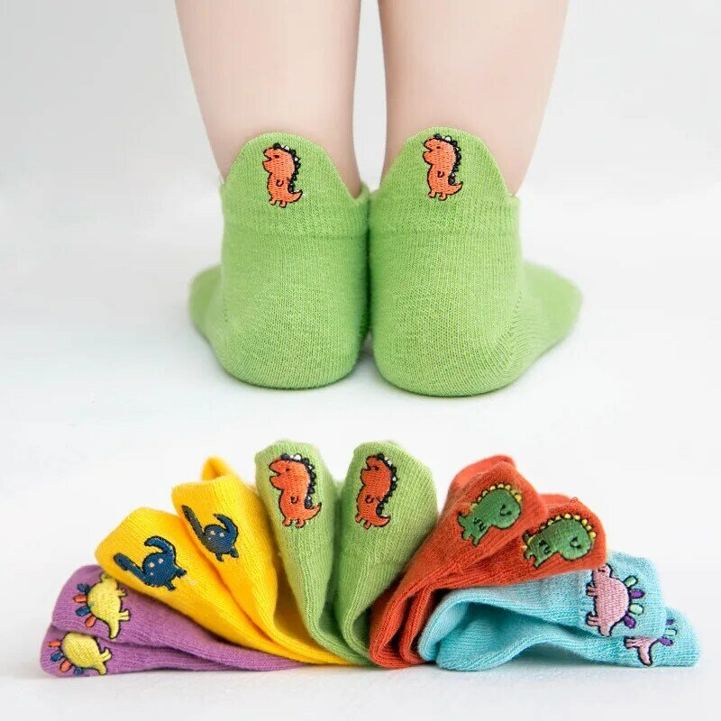 Calcetines deportivos transpirables con bordado de dinosaurio para niños y niñas, calcetín Unisex de algodón, 5 pares