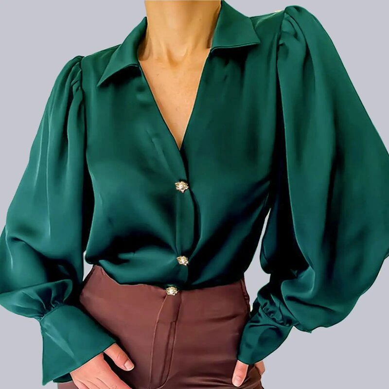 Женская однотонная атласная блузка с длинным рукавом-фонариком