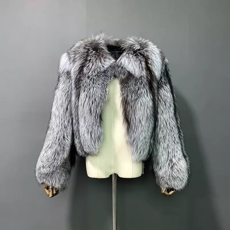 Chaqueta de piel de zorro auténtica para mujer, chaqueta de piel de zorro plateada, rf22113