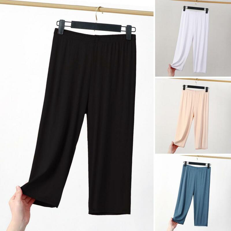 Breathable Women Solid Color Pants Streetwear Wide Leg Cropped Pants for Women Mid-rise Elastic Waist Trousers Solid Color